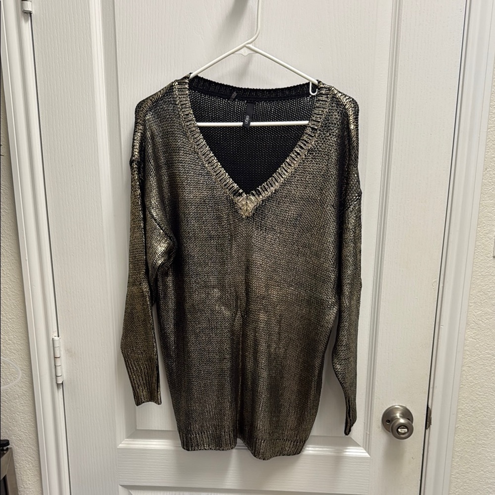 Metallic Knit V-Neck Sweater